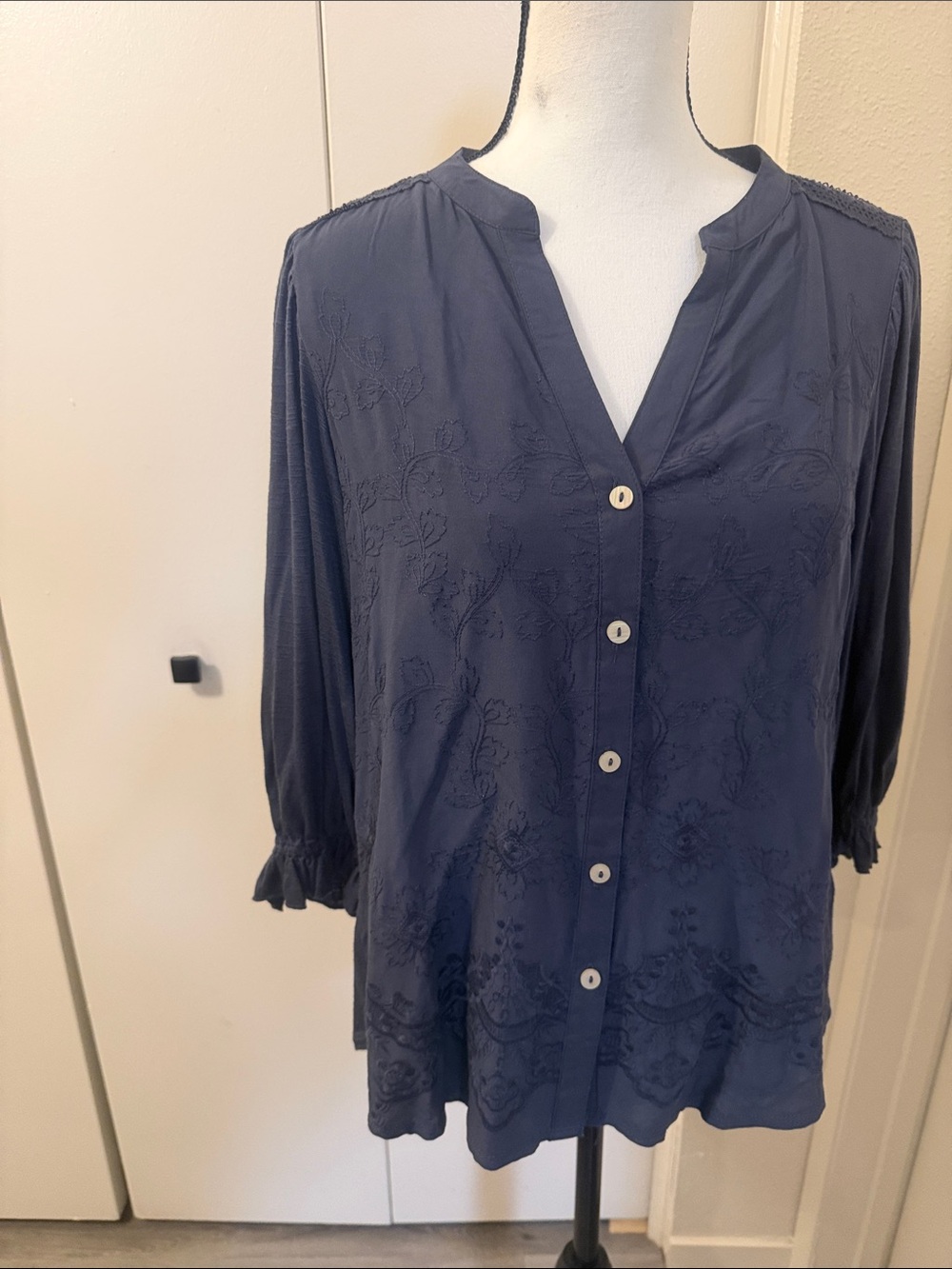 Democracy Navy Embroidered Button-Down Blouse